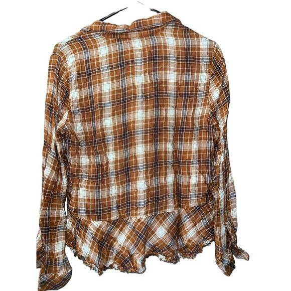 Democracy Top Womens Small Orange Tan Plaid Flannel Raw‎ Hem Button Up Boho - Picture 7 of 7